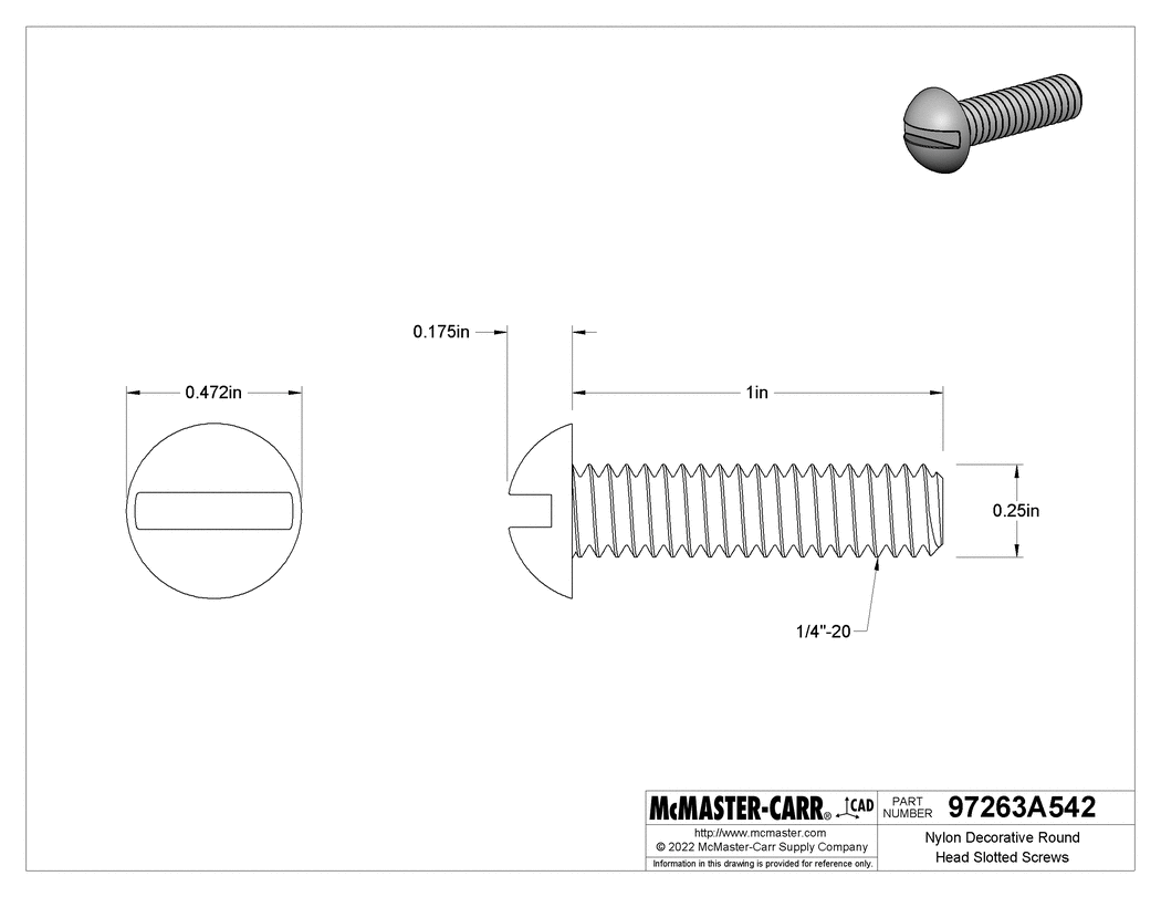 Technical Drawing of Nylon Decorative Round Head Slotted Screws, 1/4"-20 Thread, 1" Long.